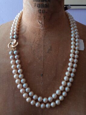 vintage MCM Menorca 2 strand faux pearl necklace with gold tone clasp NOS